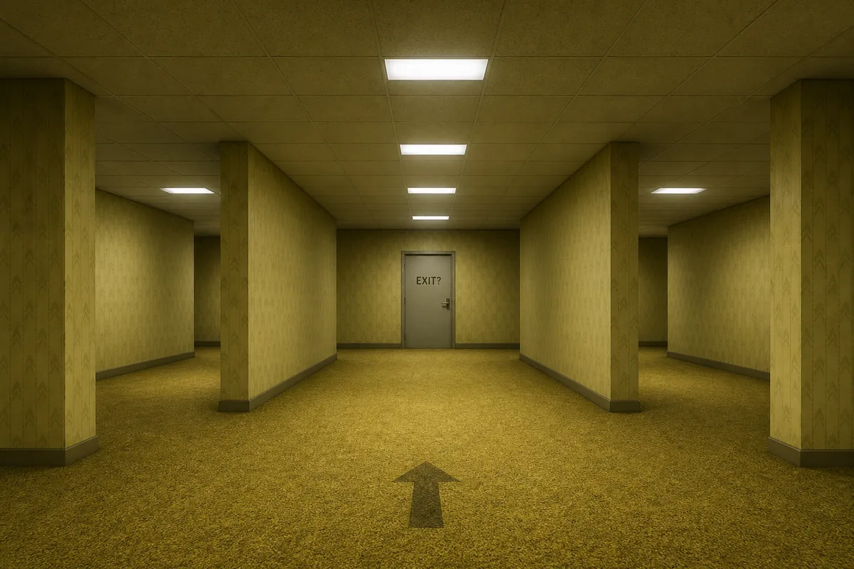 Editorial concept image of a Backrooms Level 0 corridor split with an EXIT question mark on a service door