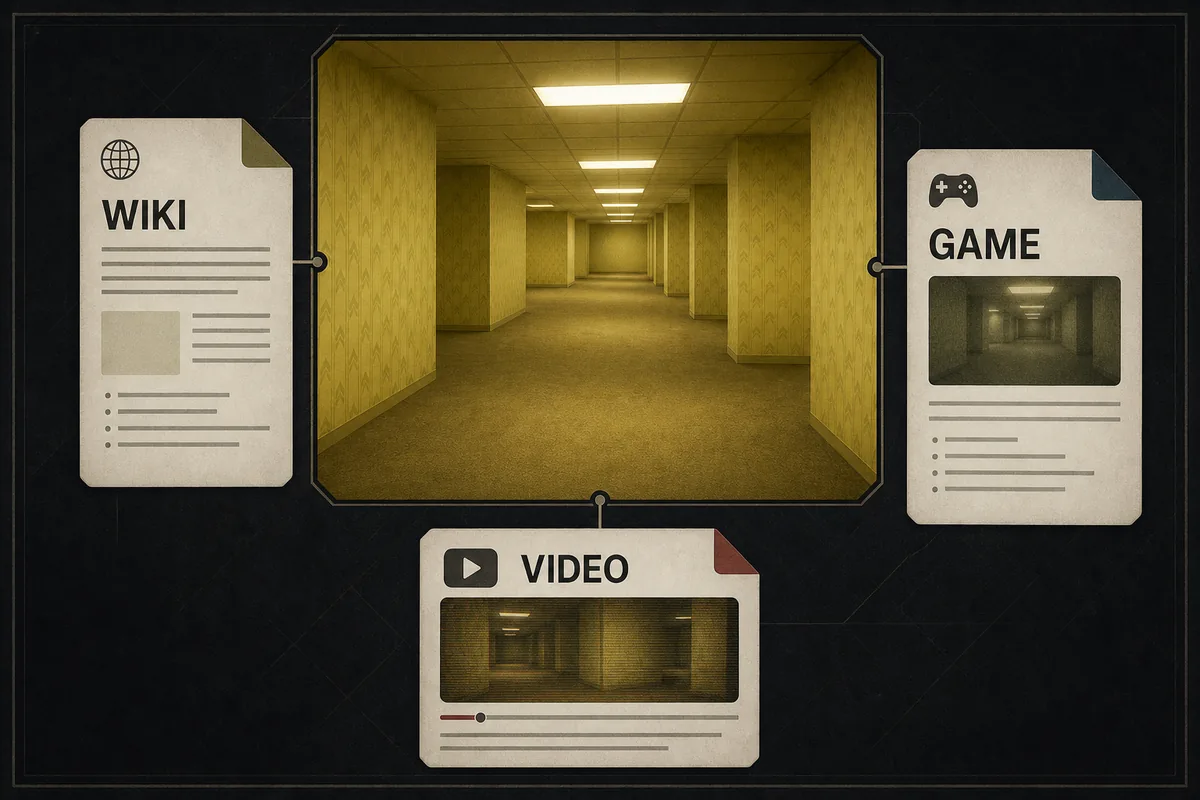 Editorial comparison graphic showing Backrooms Level 0 source cards for wiki, game, and video versions