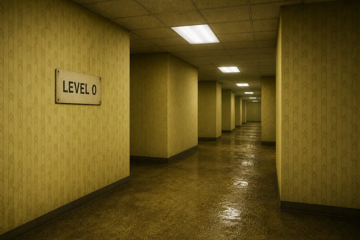 Editorial concept illustration of Backrooms Level 0 yellow rooms with a LEVEL 0 wall sign