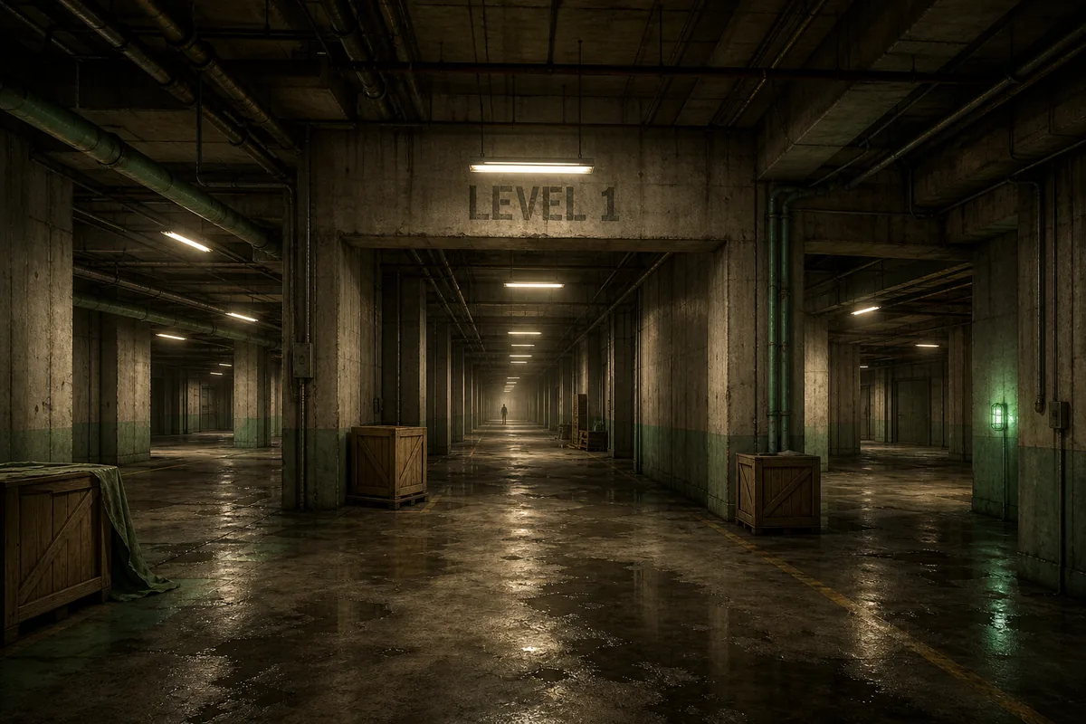 Illustrative Backrooms Level 1 concrete warehouse with fluorescent lights, crates, and branching corridors