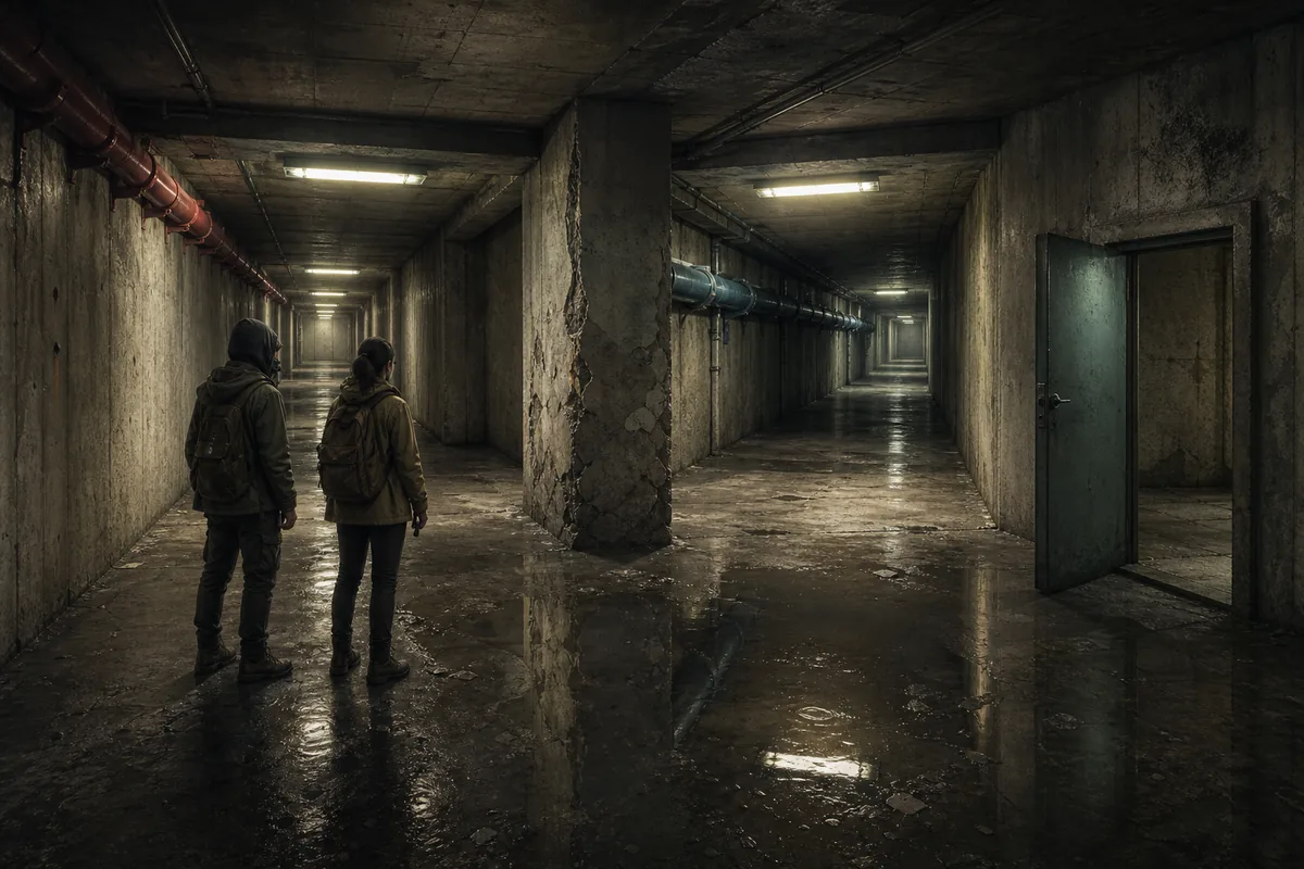 Illustrative Level 1 corridor junction showing pipes, pillars, puddles, and distinct navigation landmarks