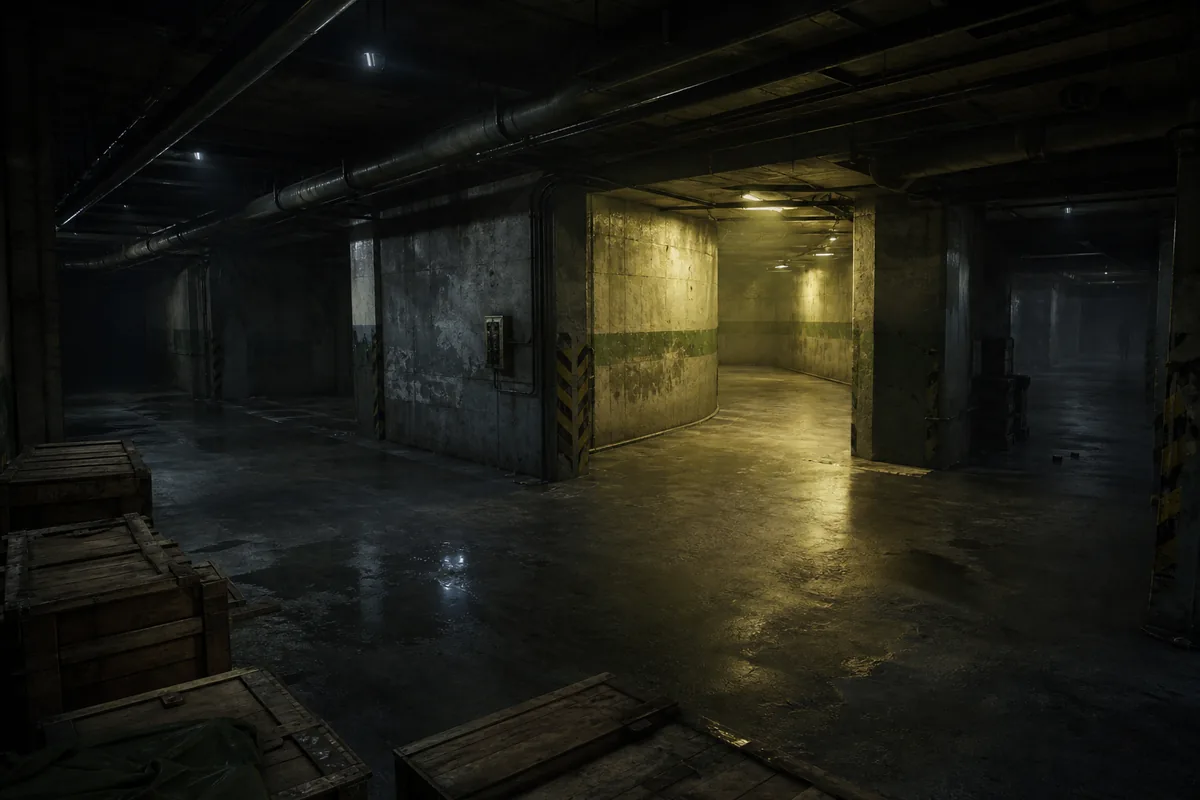 Illustrative Backrooms Level 1 supply area with crates, lit exit corridor, and shadowed industrial branches
