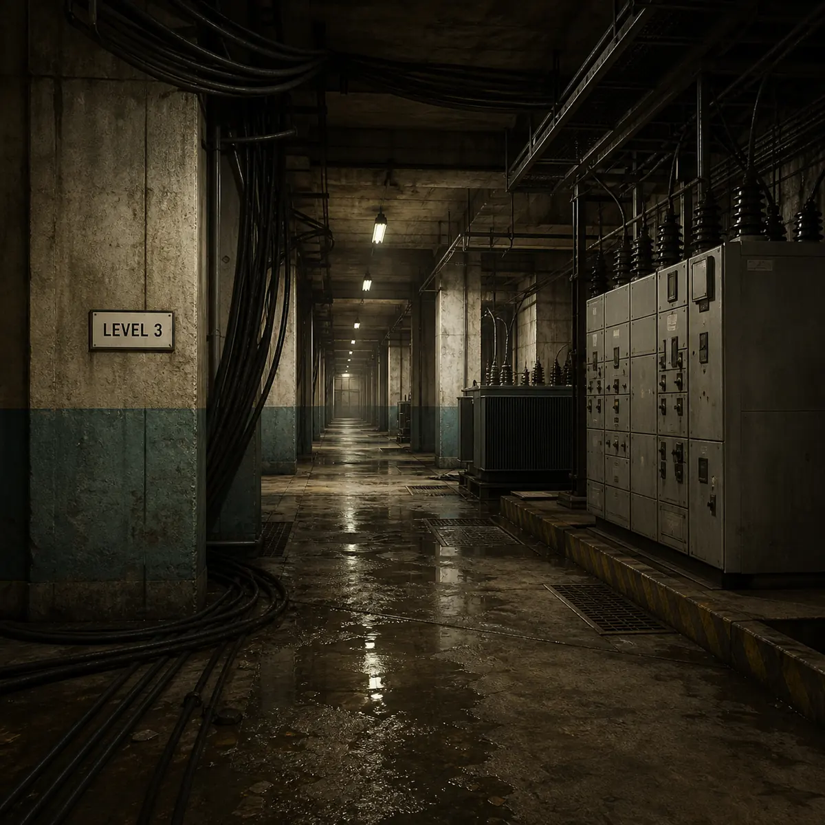 Editorial concept of a wet electrical-station corridor marked Level 3 with switchgear and cable runs