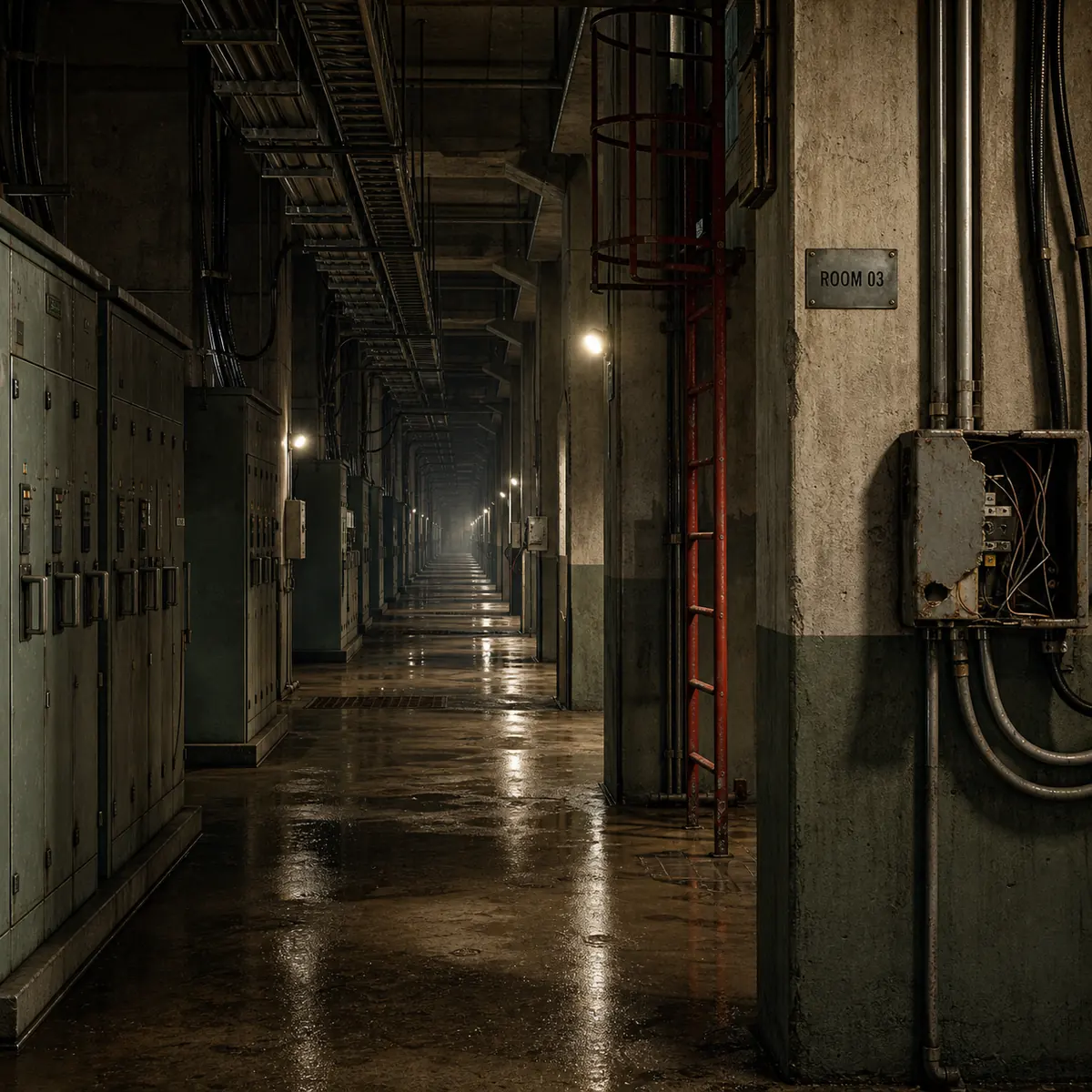 Editorial concept of a Backrooms Level 3 service corridor with a Room 03 marker and repeated route landmarks