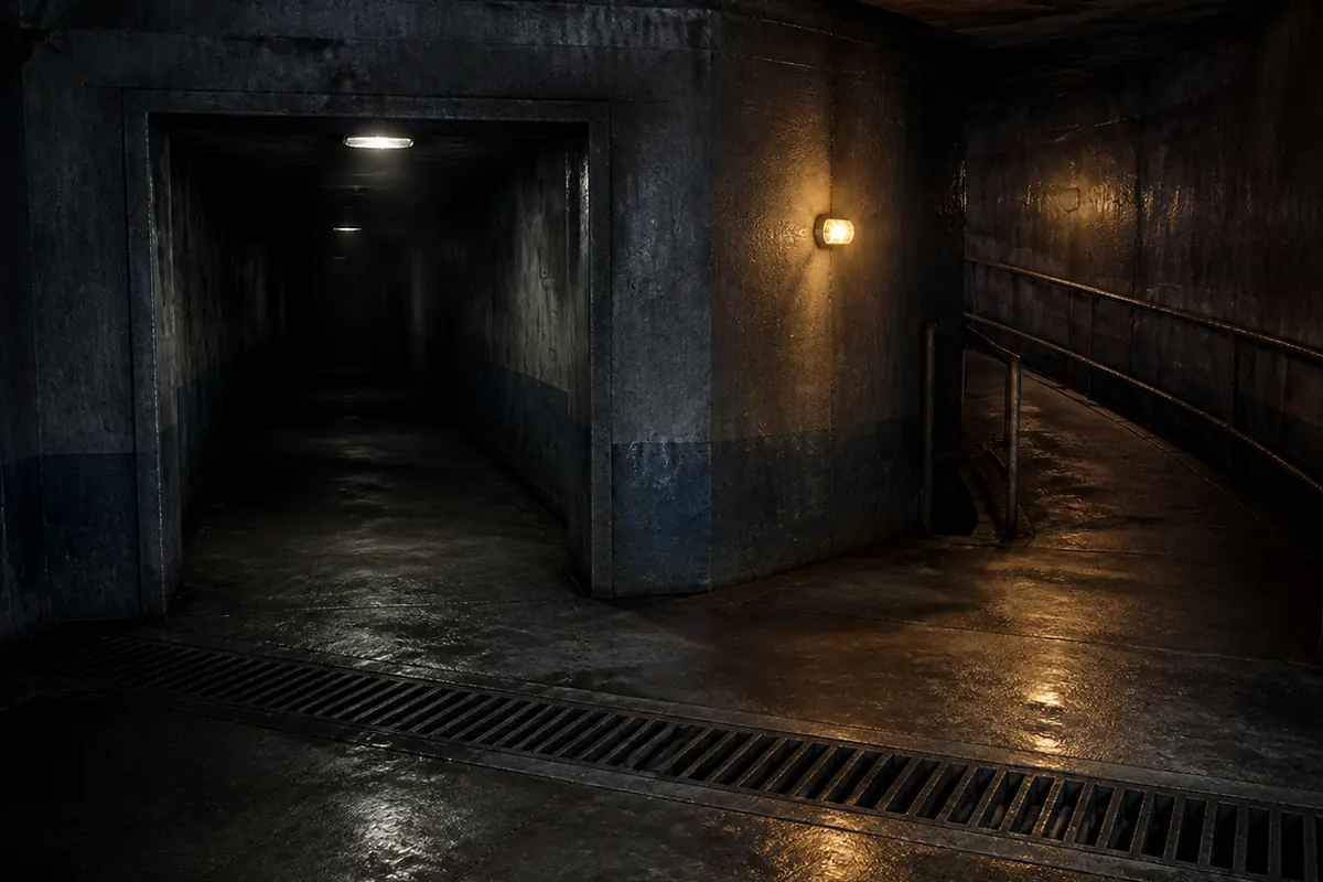 Editorial concept of a Backrooms Level 6 junction with a doorway, floor drain, emergency lights, and a handrail