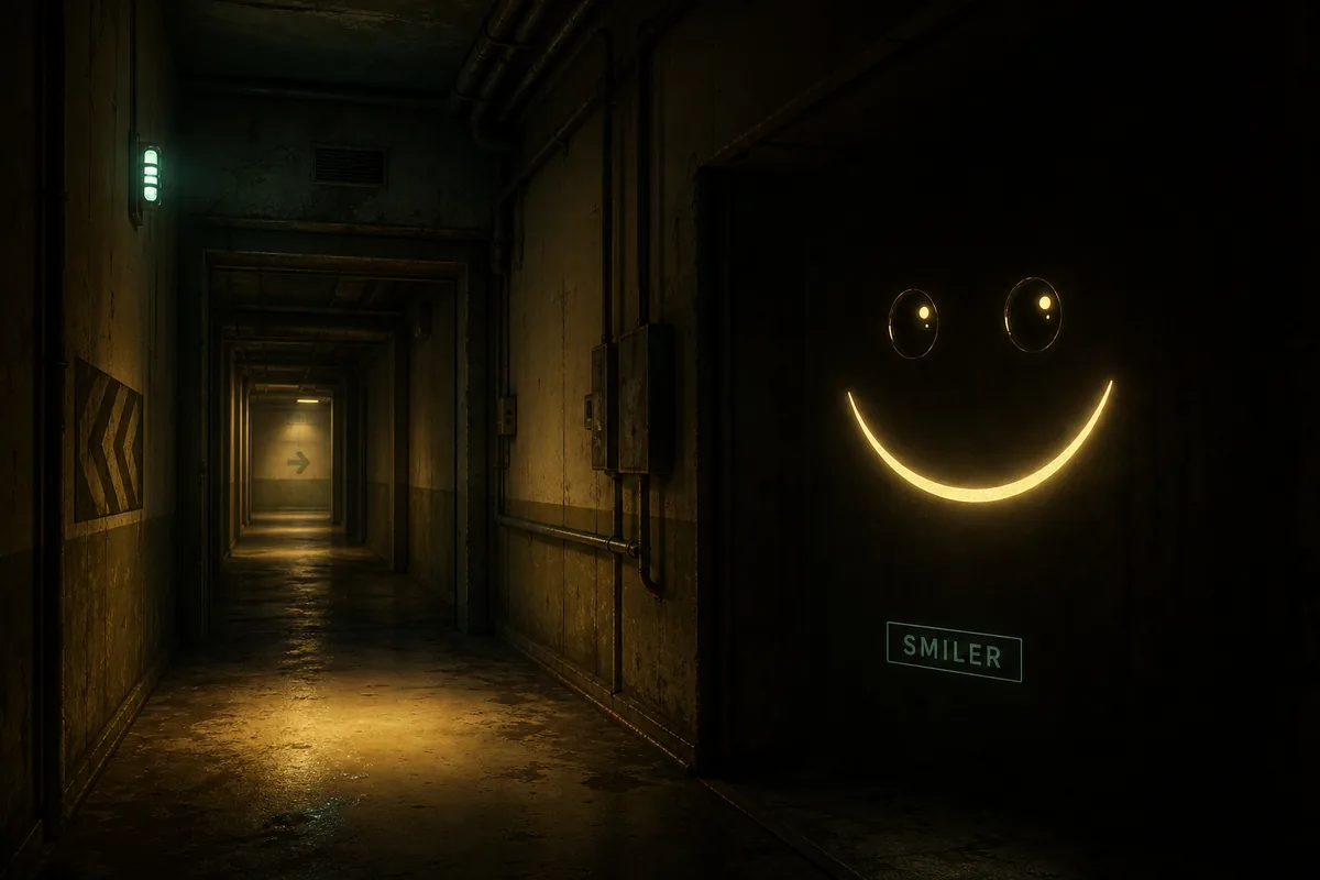 Ilustración conceptual de un Smiler brillante observando un pasillo industrial de los Backrooms