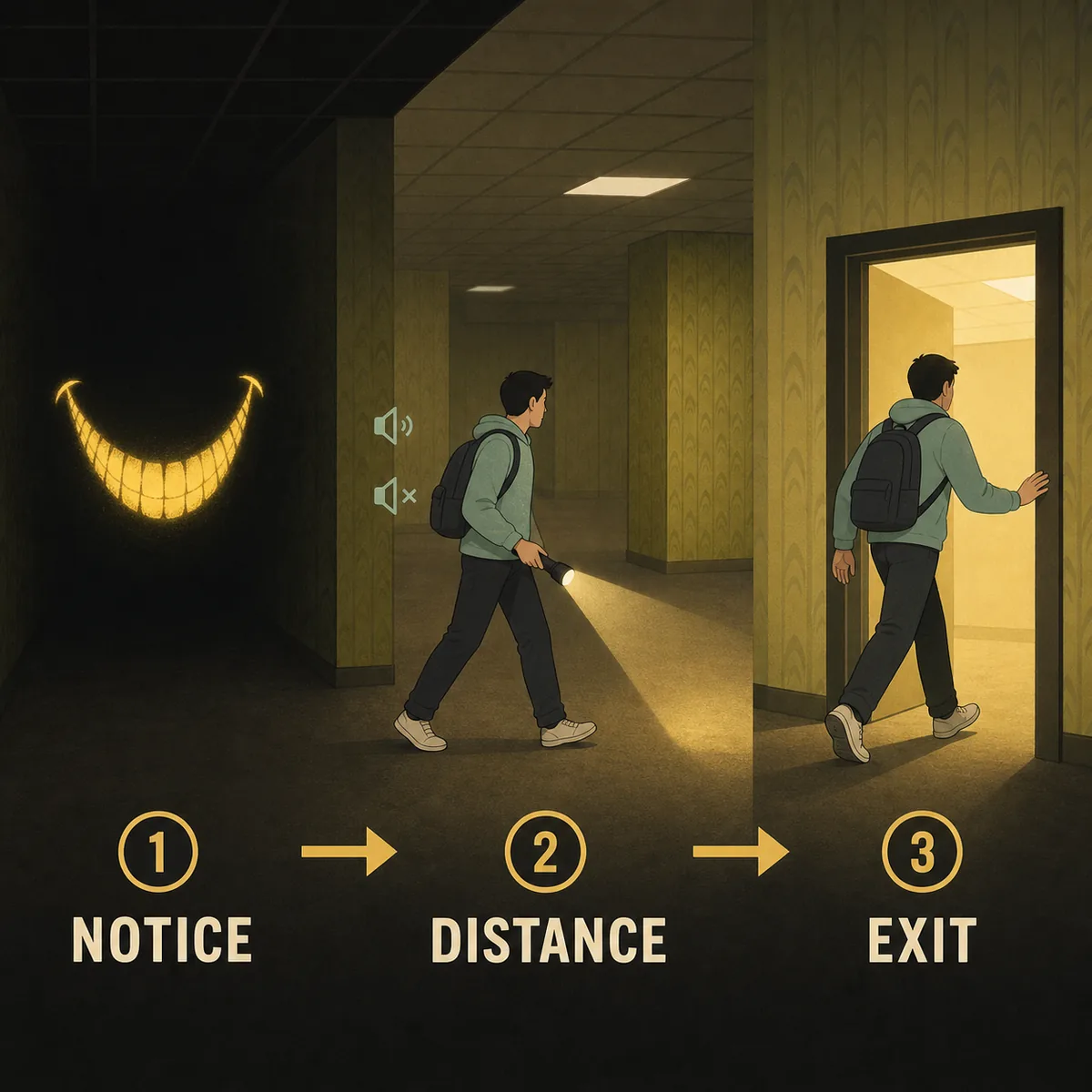 Concept step flow for noticing a Smiler, creating distance, and moving toward a known exit